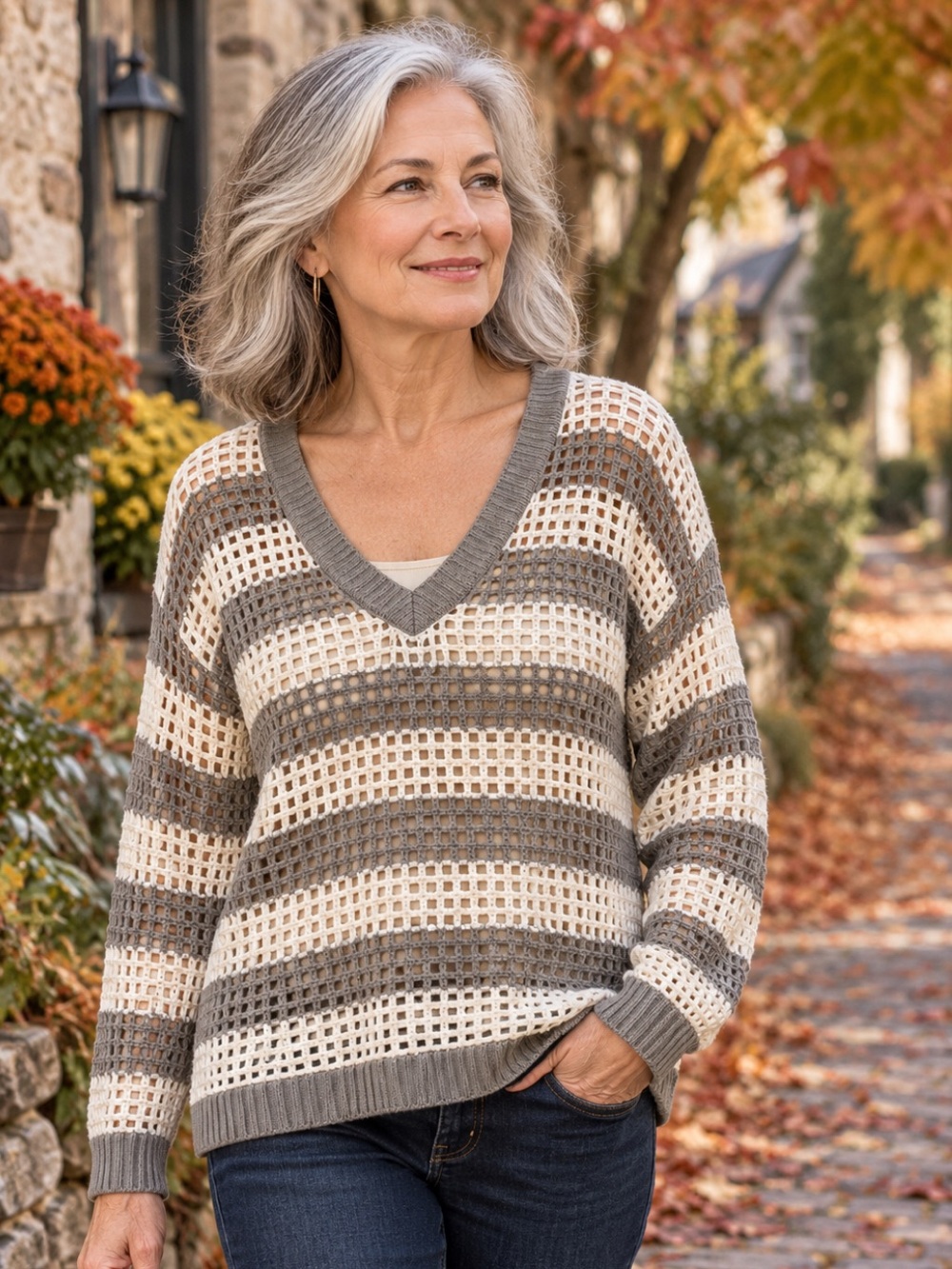 Women’s V-Neck Cropped Open Knit Stripe Sweater - Gray & White